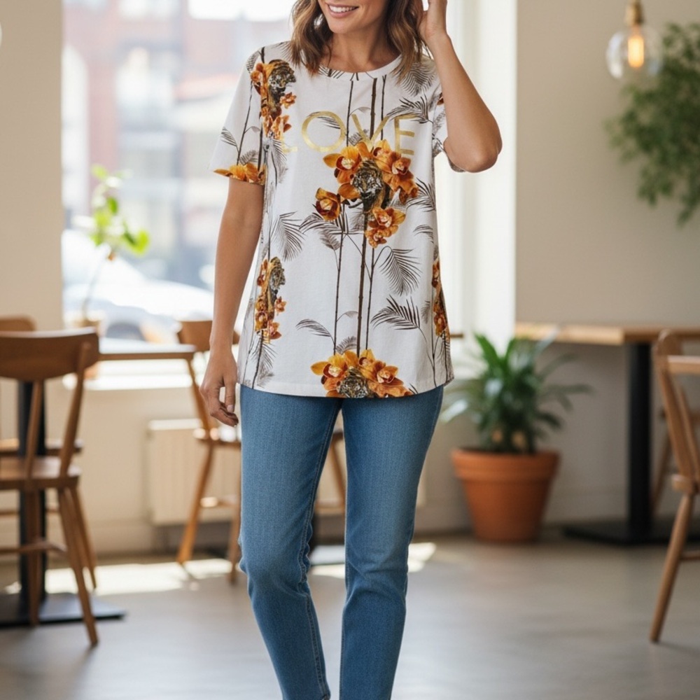 Ted Baker White Tee with Mustard and Brown Floral Accents and tigers. XL